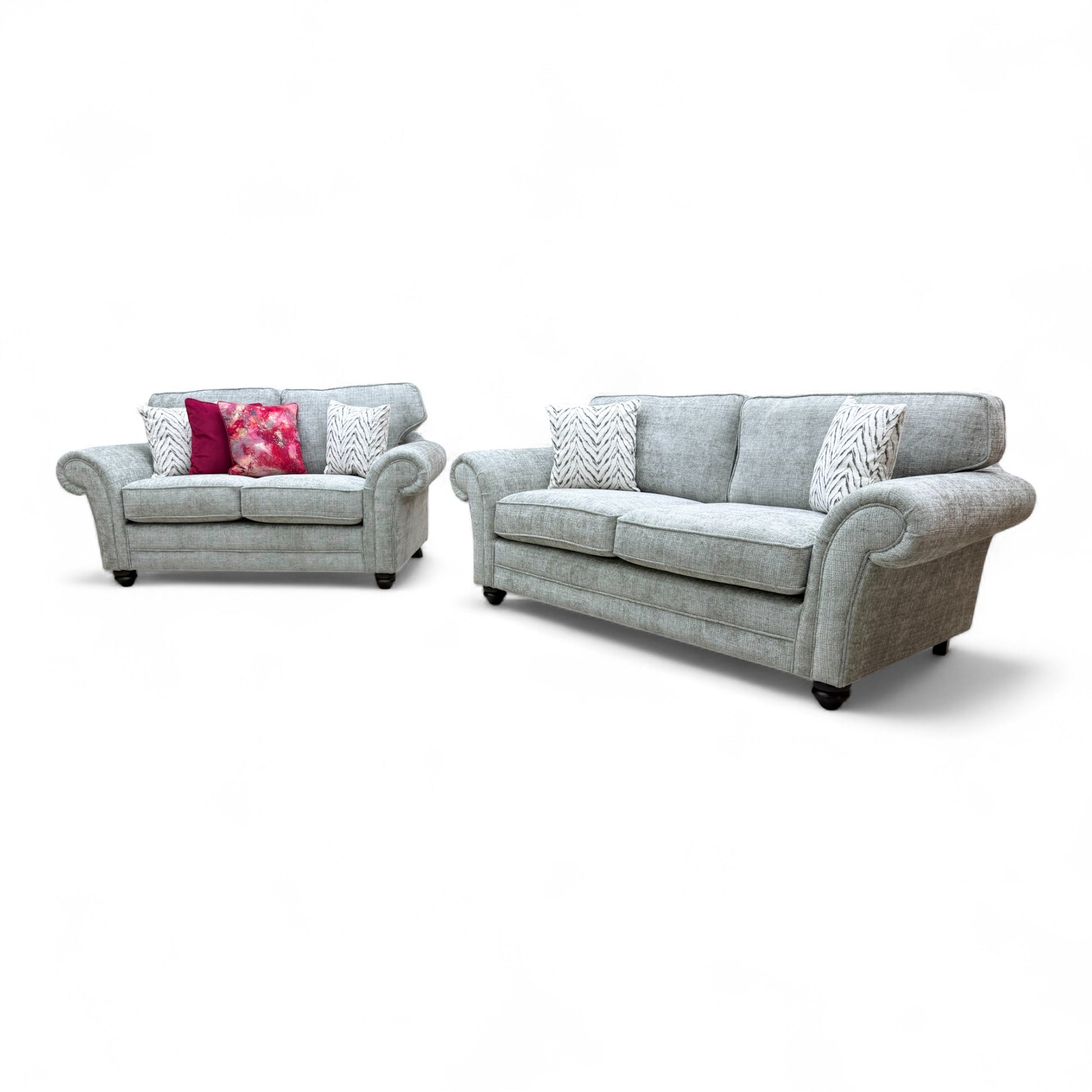 Full, straight-on view of the matching 'Clara' 2-seater sofa in sage green woven fabric.