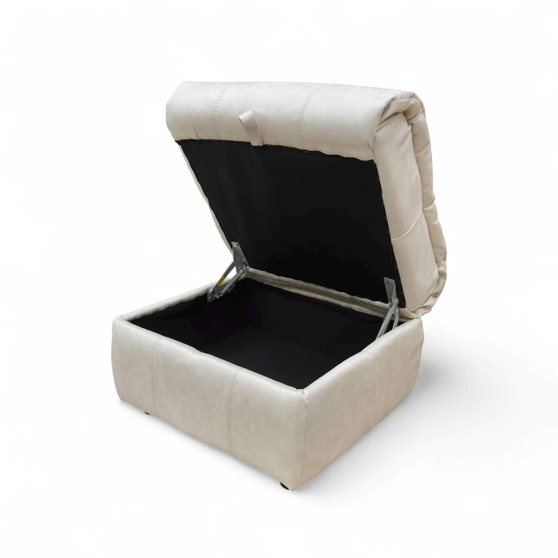 The footstool with the lid removed and placed beside it, clearly showing the depth and capacity of the storage space.
