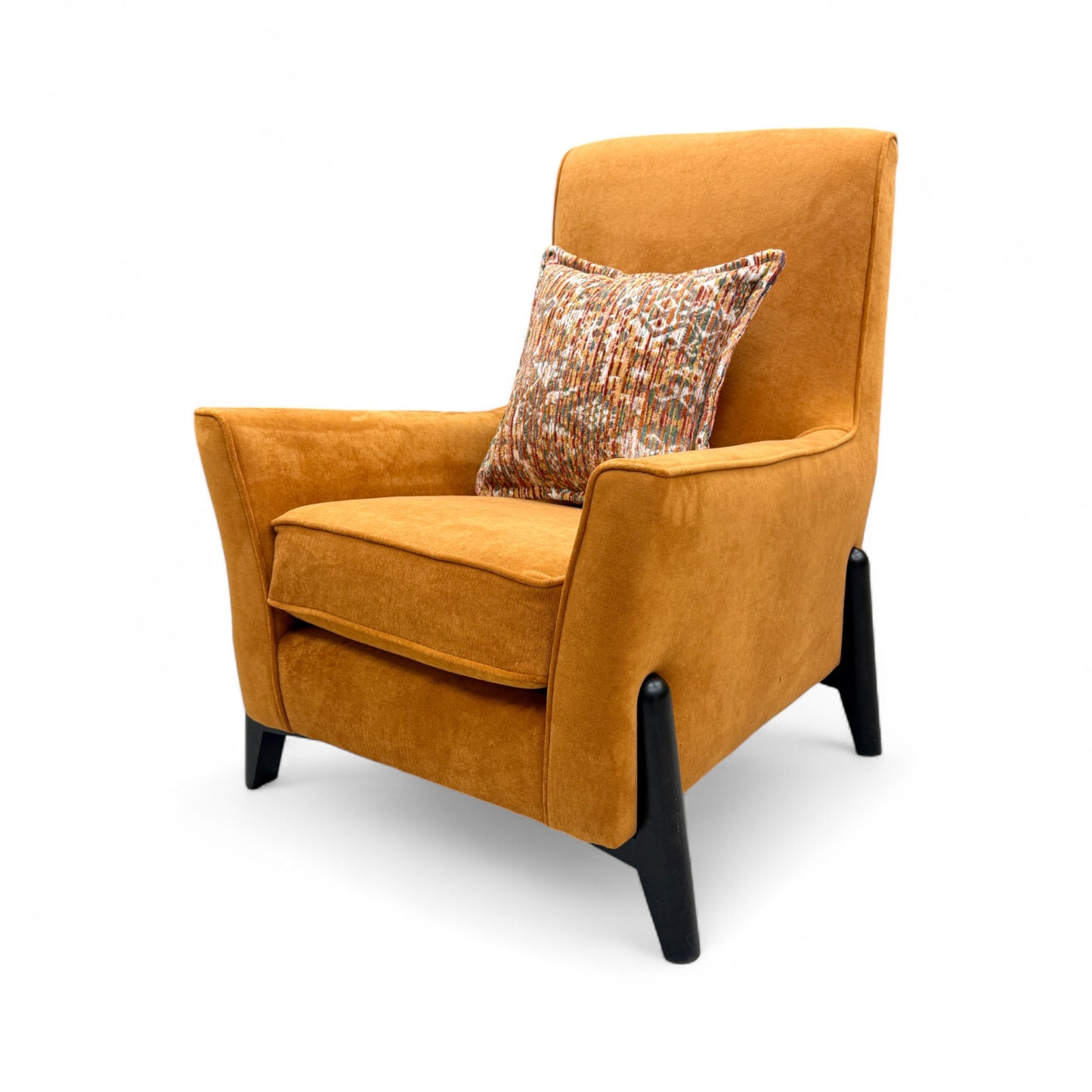 View of the back of the 'Collins' accent chair, confirming the solid orange velvet upholstery and contemporary back style.