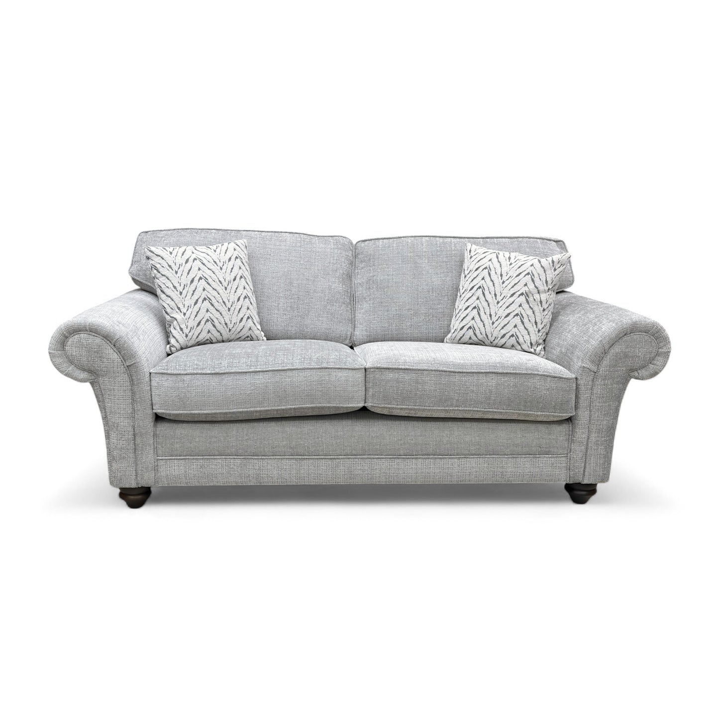 Full front view of the ‘Clara’ 3 Seater Sofa in silver woven fabric, showcasing the cushion back and scroll arms.