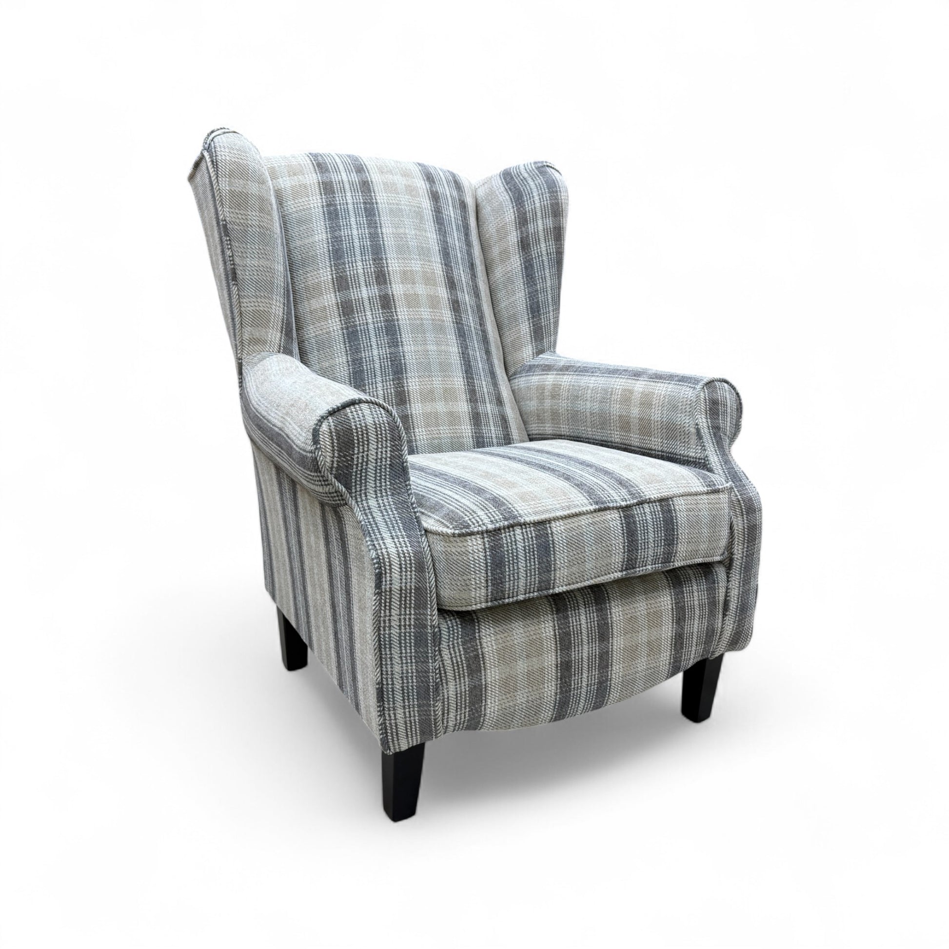 Full, straight-on view of the 'Shirley' accent chair, featuring a taupe and grey checkered pattern tight weave Winchester fabric, with scroll arms and wooden feet.