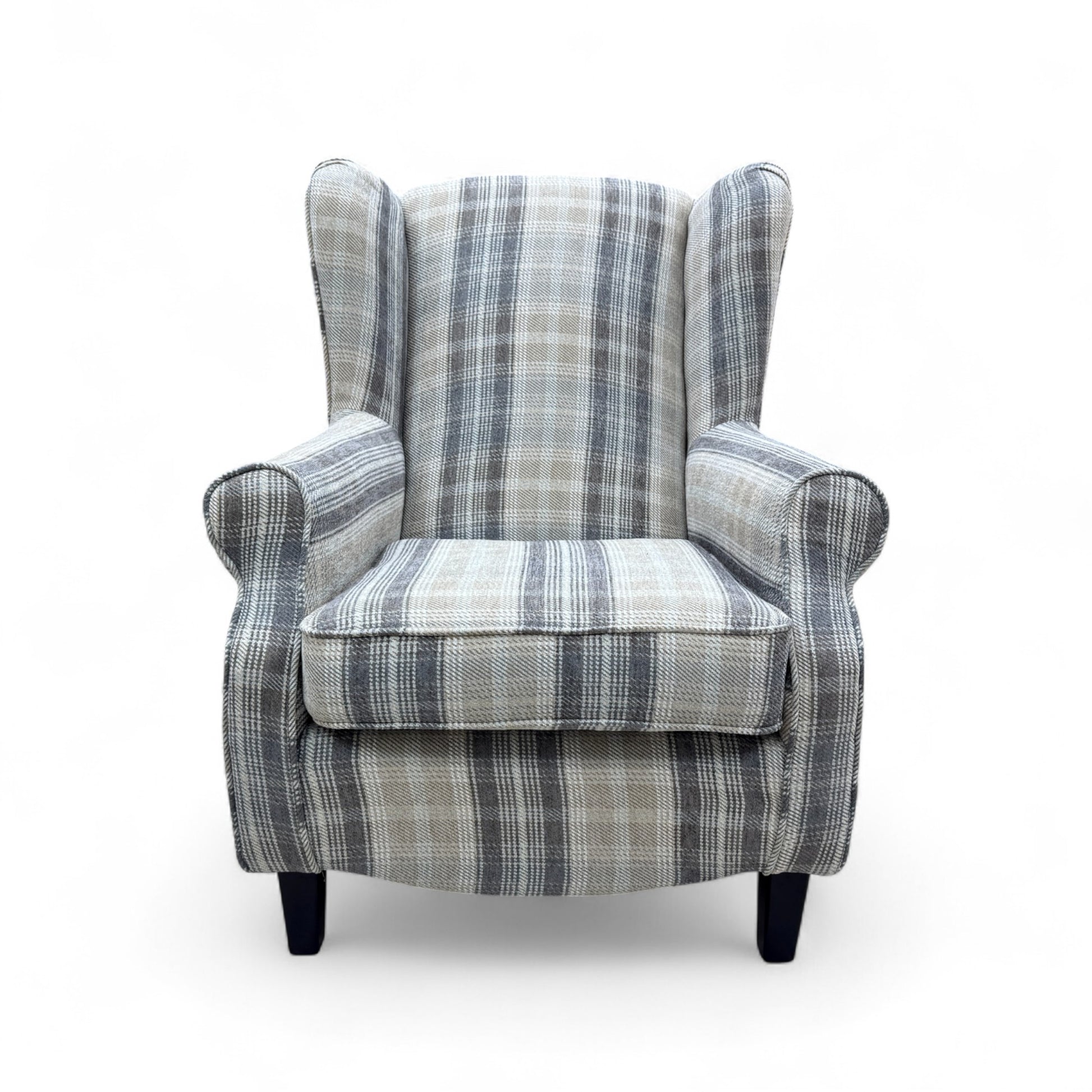  front view of the 'Shirley' armchair, highlighting the high back, scroll arm design, and the subtle checkered pattern of the fabric.