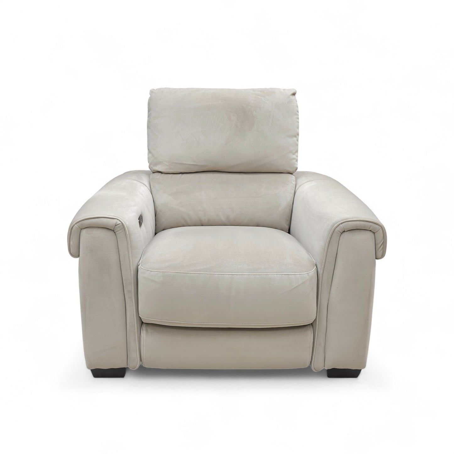 Full front view of the Nixon Power Recliner Chair in light khaki velvet, with the footrest down (closed position).