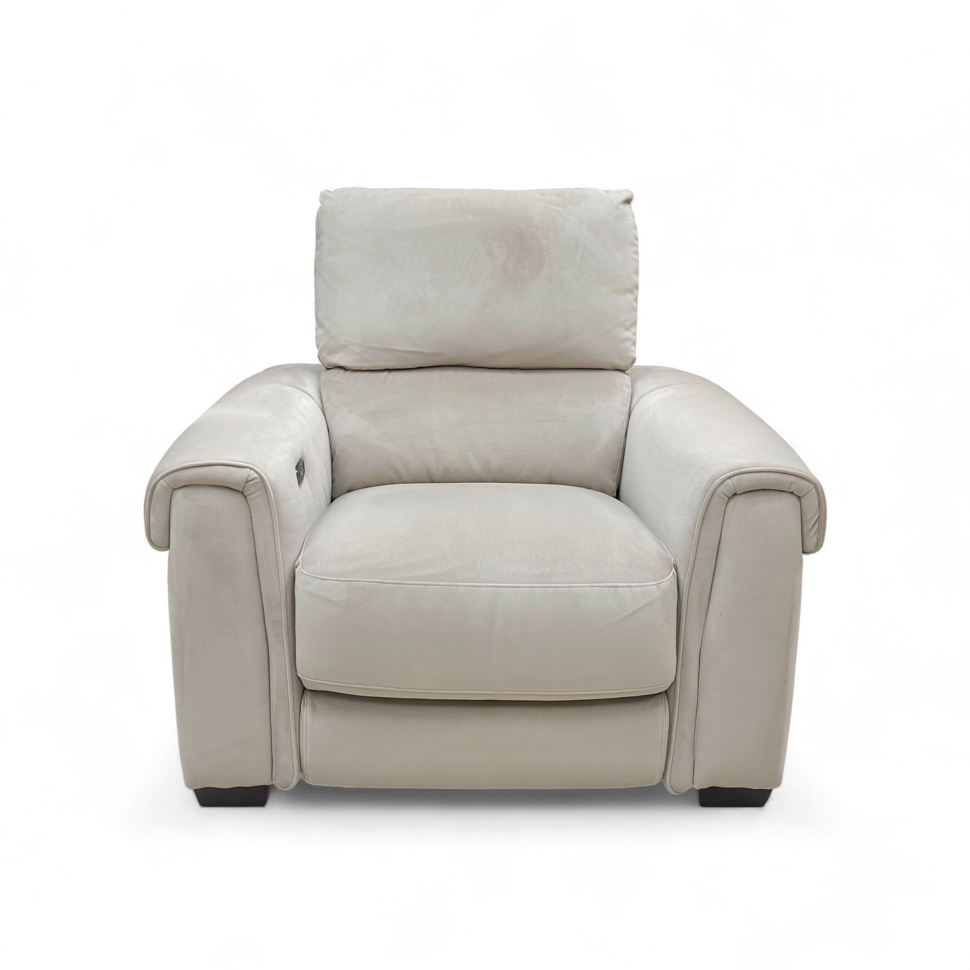 Full front view of the Nixon Power Recliner Chair in light khaki velvet, with the footrest down (closed position).