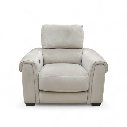 Full front view of the Nixon Power Recliner Chair in light khaki velvet, with the footrest down (closed position).