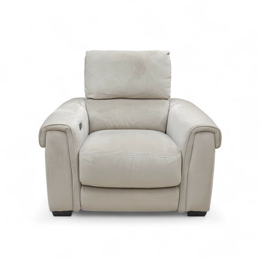 Full front view of the Nixon Power Recliner Chair in light khaki velvet, with the footrest down (closed position).