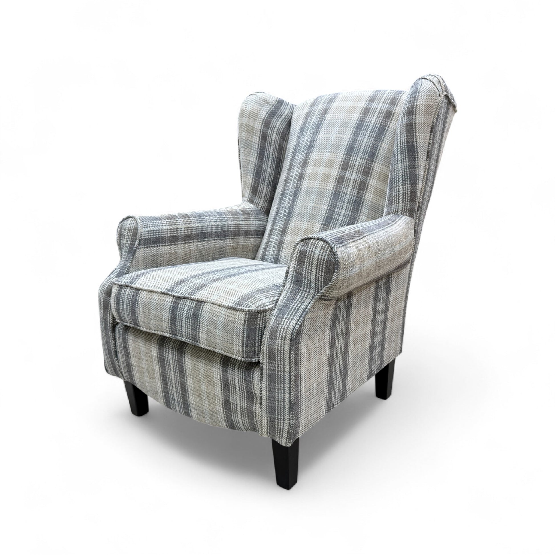 View of the back of the 'Shirley' high-back accent chair, emphasizing the vertical checkered pattern of the fabric.