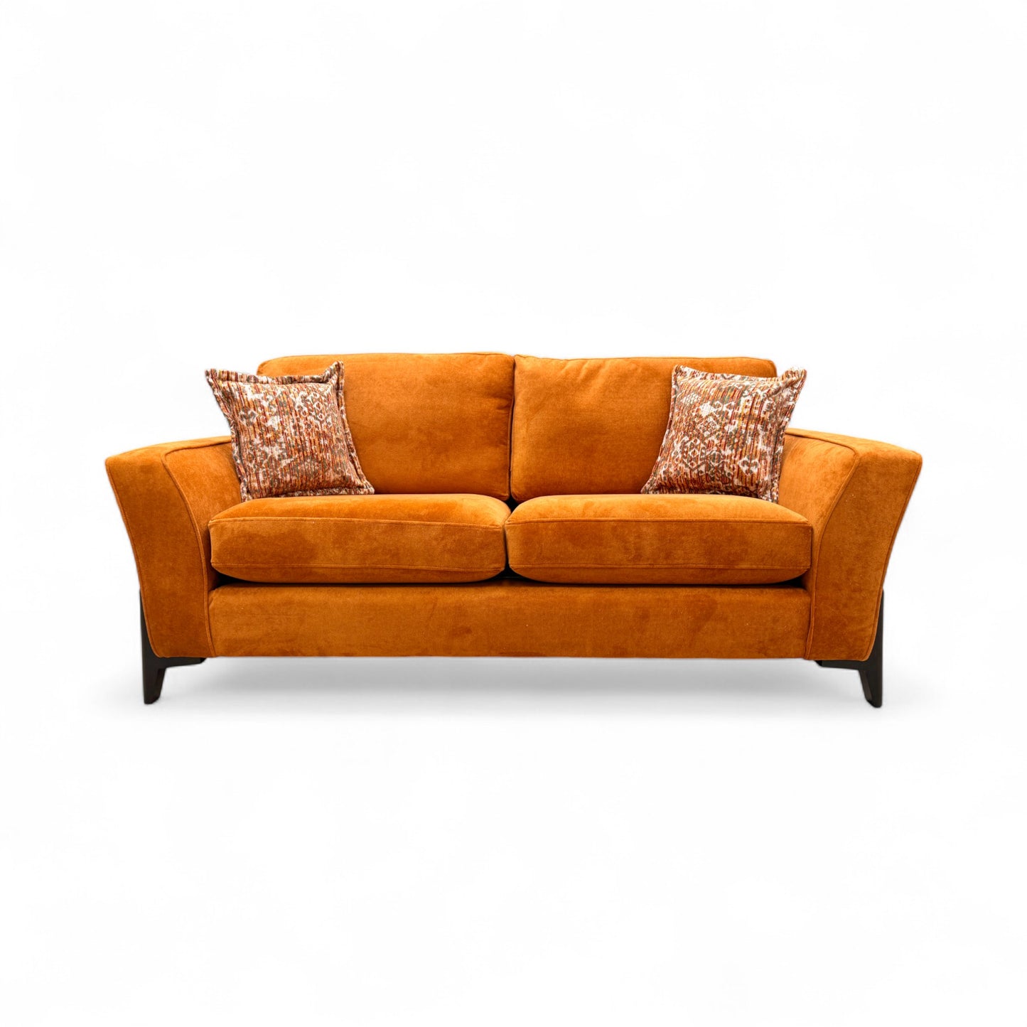 Front-on view of the plush 'Collins' Almond Orange Towel Velvet 3 Seater Sofa, emphasizing its solid color and contemporary design.