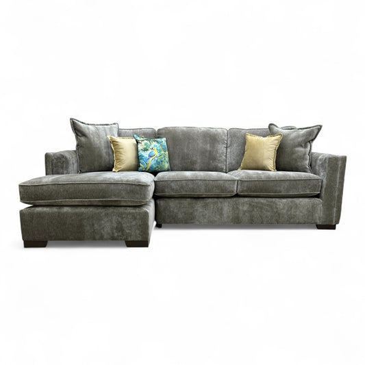 front view of the large 'Chelsea' Left Hand Facing Corner Chaise Sofa in sage green soft weave fabric, showing its open-end design and cushion back.