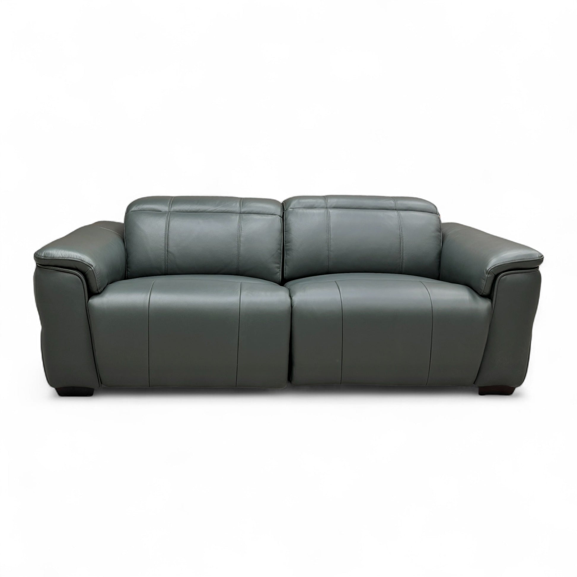 Full front view of the Inca 3 Seater Power Recliner Sofa in vibrant peacock blue leather, with all power headrests up and the recliners closed.