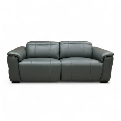 Full front view of the Inca 3 Seater Power Recliner Sofa in vibrant peacock blue leather, with all power headrests up and the recliners closed.