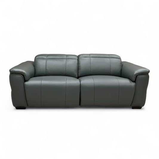 Full front view of the Inca 3 Seater Power Recliner Sofa in vibrant peacock blue leather, with all power headrests up and the recliners closed.