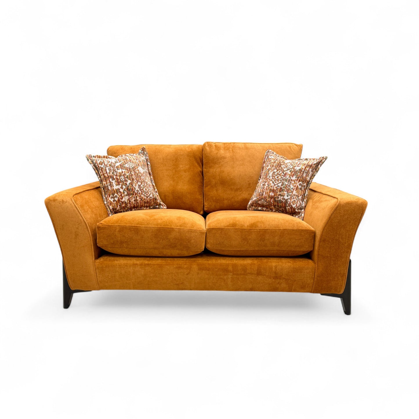 Full front view of the 'Collins' 2 Seater Sofa, upholstered in almond orange towel velvet fabric, showing the contemporary design and sloped arms.