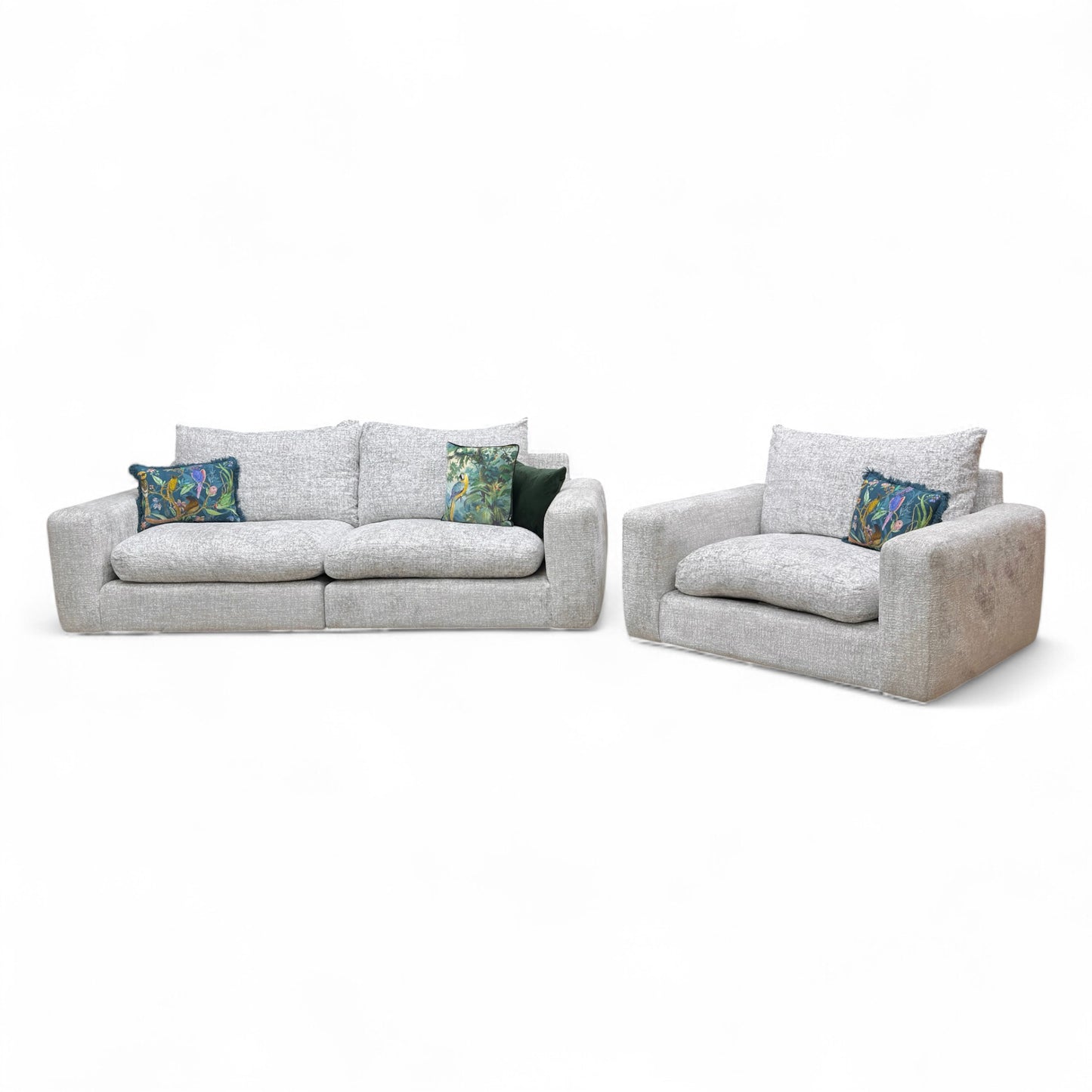 A full front-angled view of the complete set, showing the 4 Seater Split Frame Sofa and the Snuggler Chair in a room setting, complete with feather-filled scatter cushions.