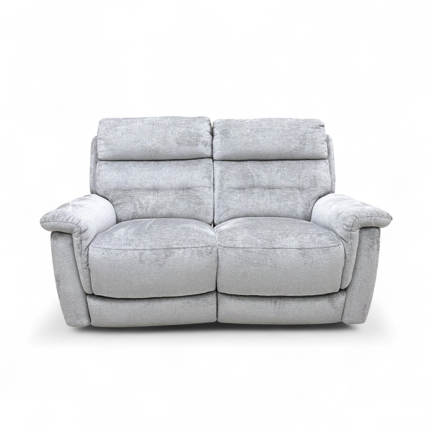 Full front view of the Springer 2 Seater Sofa in dove grey fabric, with both seats in the upright (closed) position.