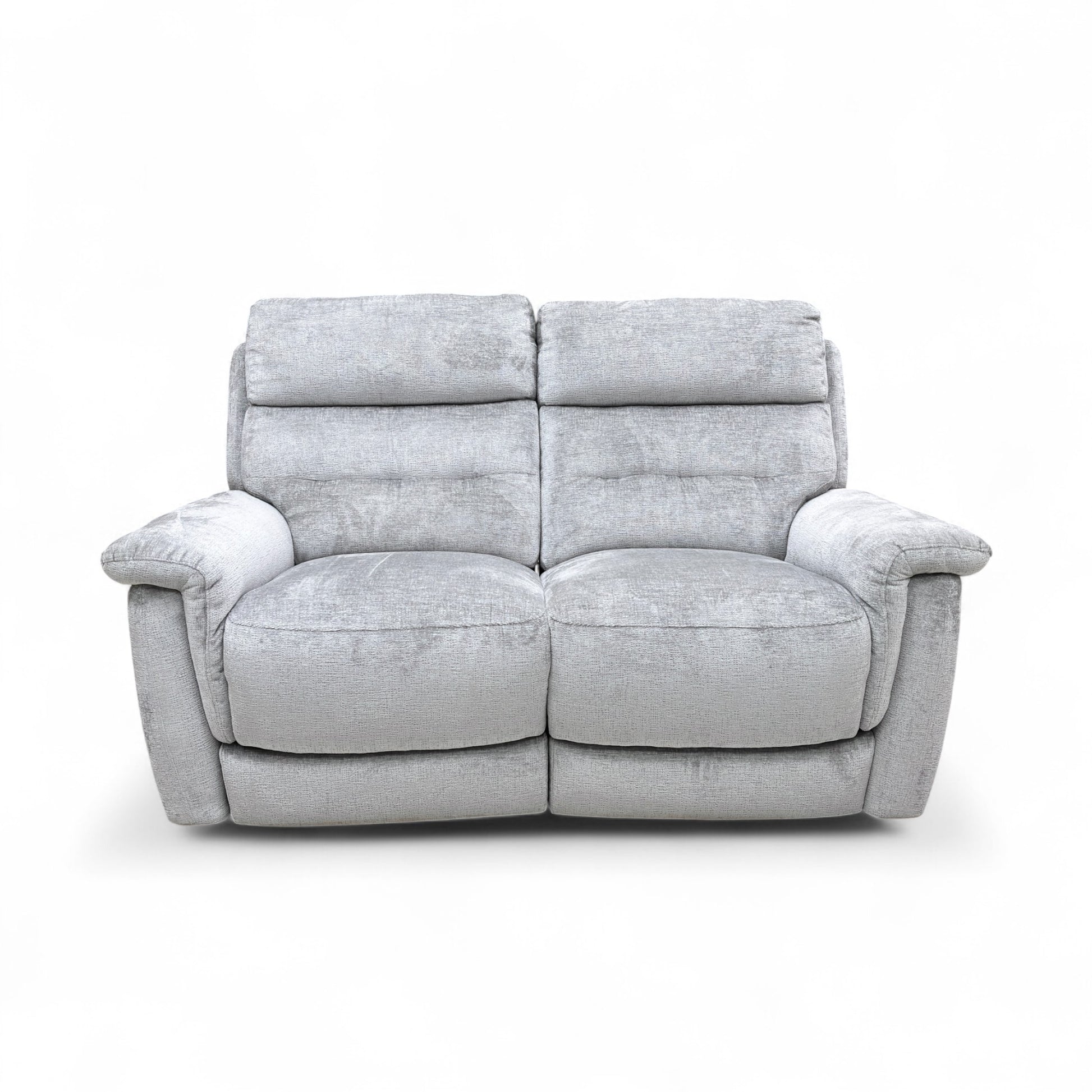 Full front view of the Springer 2 Seater Sofa in dove grey fabric, with both seats in the upright (closed) position.