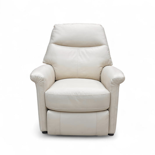 Full front view of the Lille Rocker Swivel Chair in Bisque Cream leather, in its upright, non-reclined position.