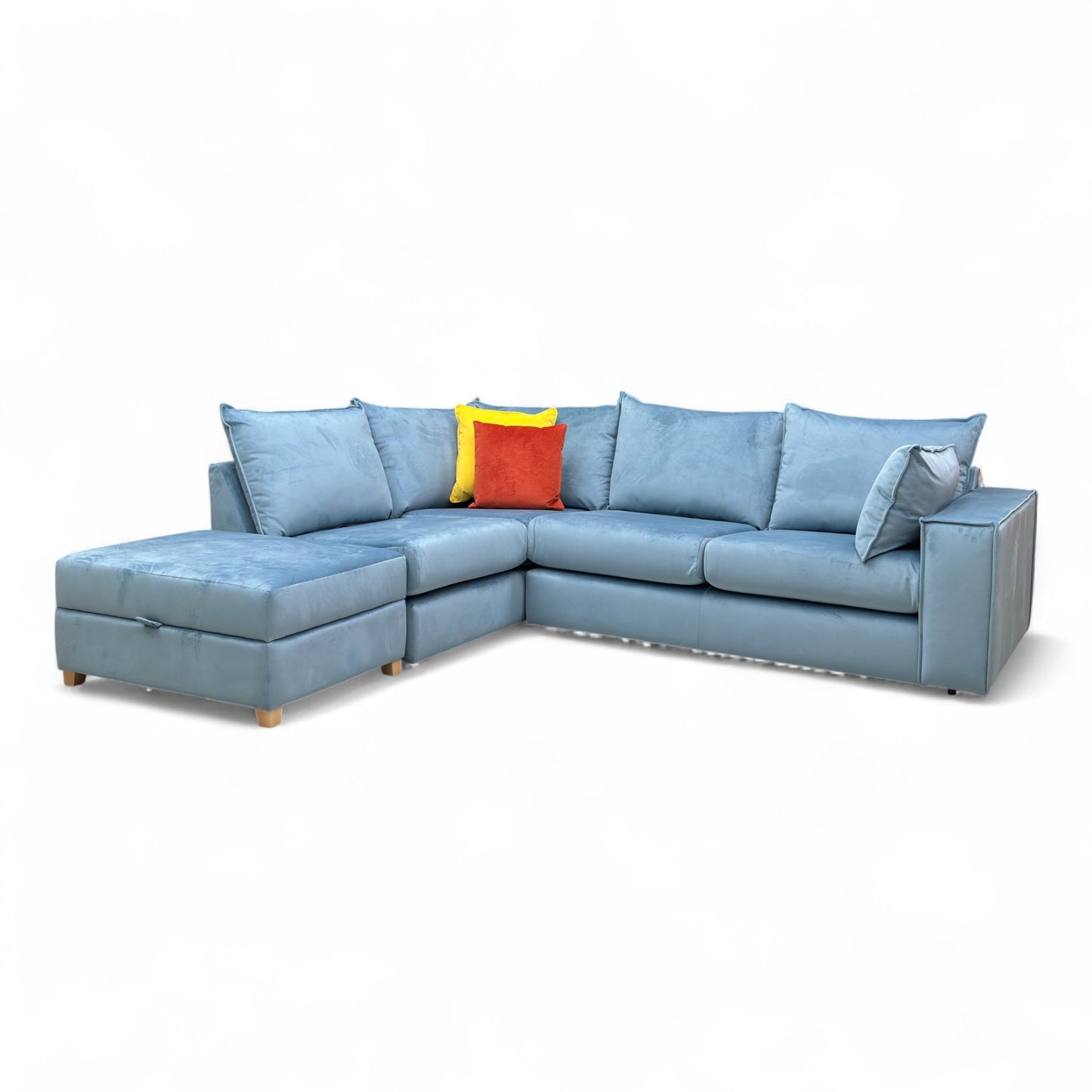 A view highlighting the high, soft back cushions, the comfortable seating, and the overall profile of the corner section.