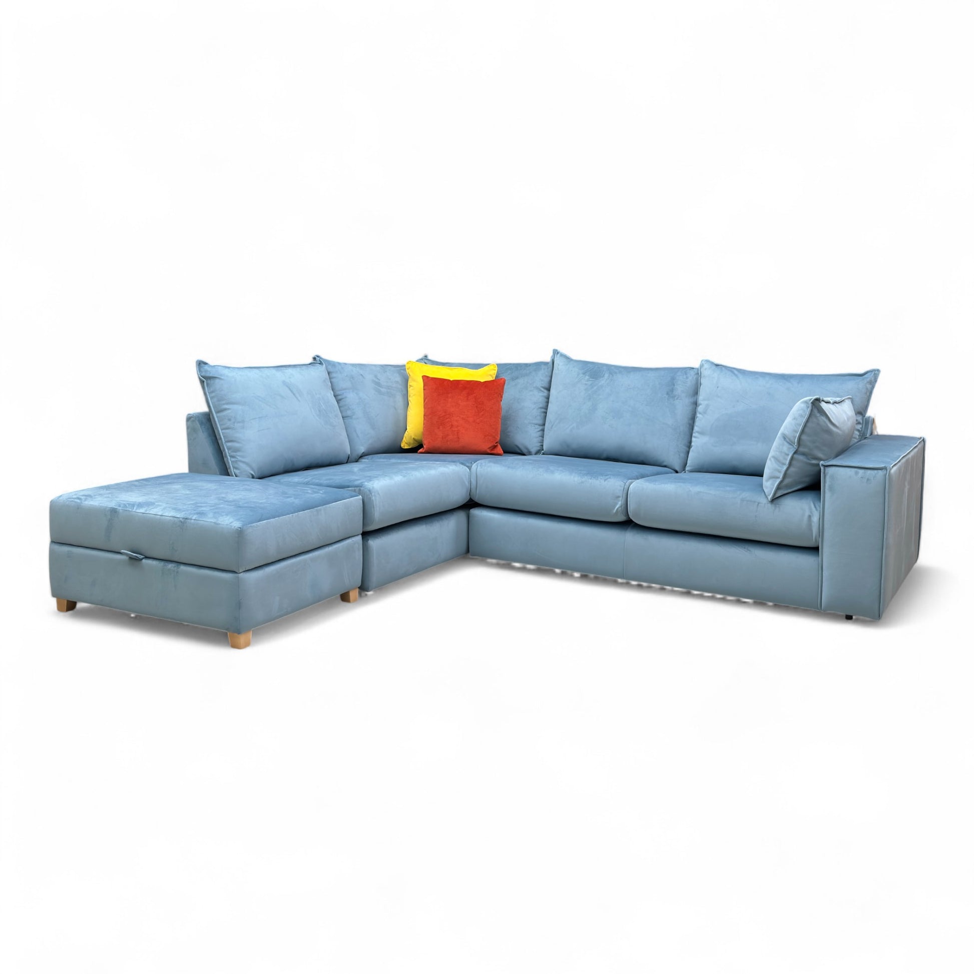 A view highlighting the high, soft back cushions, the comfortable seating, and the overall profile of the corner section.