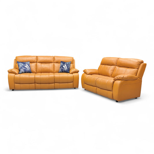 Full front-angled view of the complete Moreno 3 + 2 Seater Sofa Set in honey yellow leather, showcasing both pieces side-by-side.
