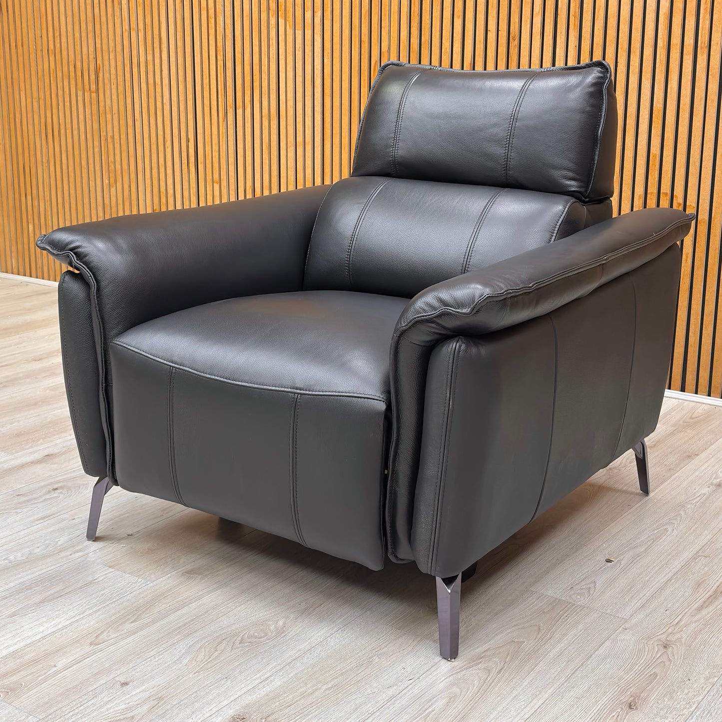‘Jude’ Oslo Jet Black Cat-40:23 Leather Power Recliner Chairs with Telescopic Headrests - Set of 2