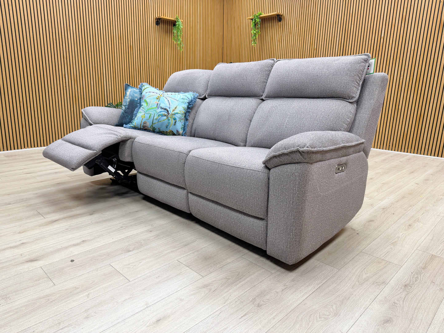 'Blaine' Greige Thick Woven Fabric 3 Seater Power Recliner Sofa