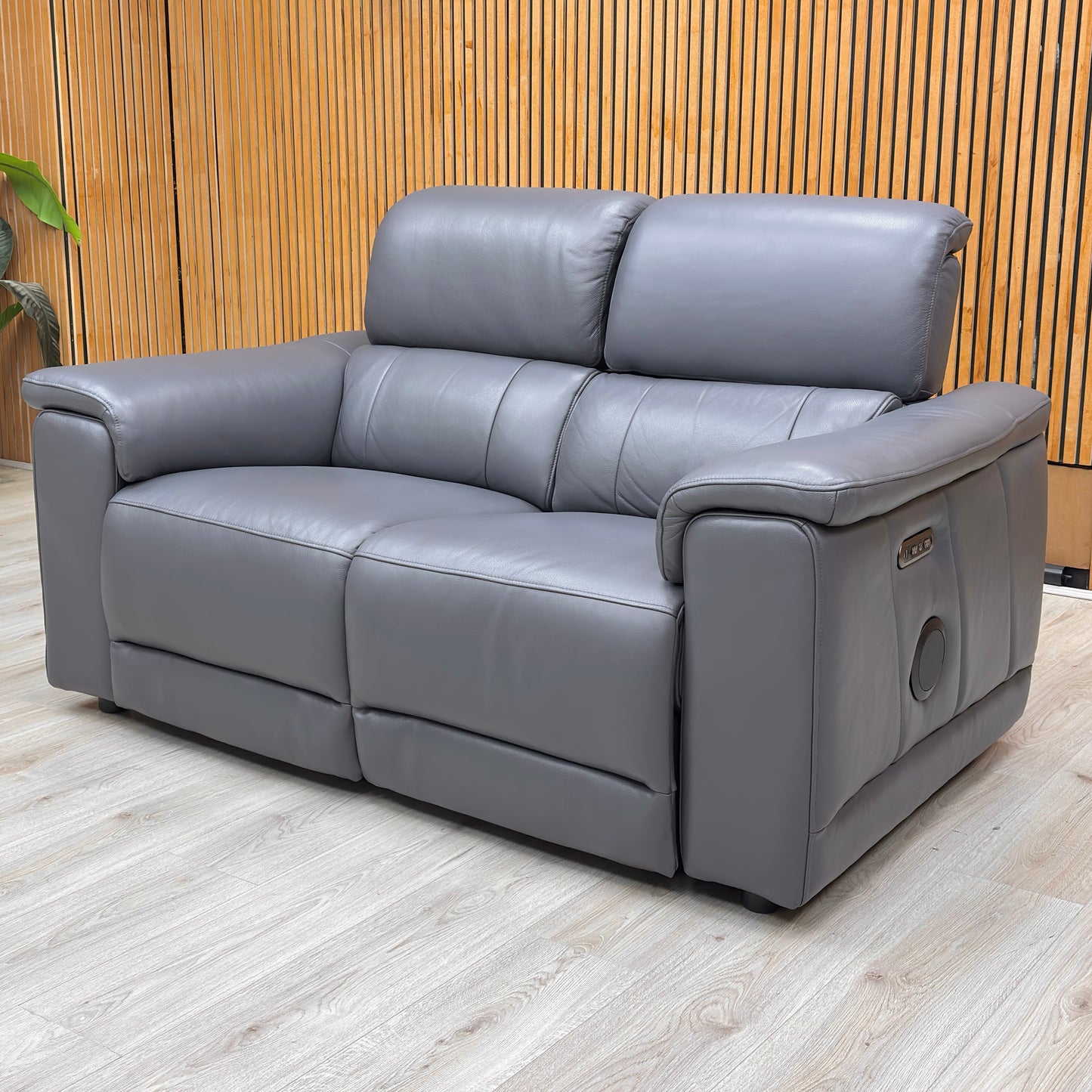 ‘Genius’ Montana Lavender Gry Cat-60:18 Leather 2 Seater Power Recliner Sofa with Power Headrests and Bluetooth Speakers