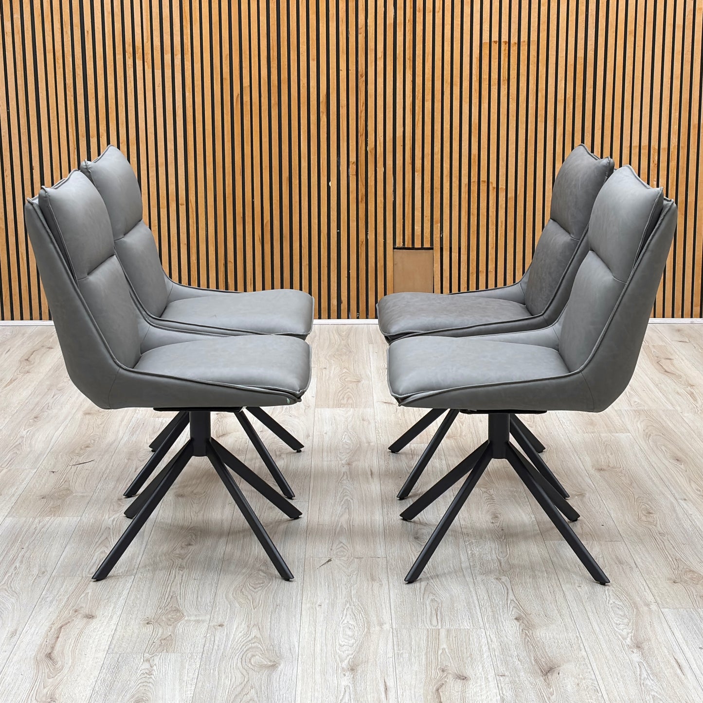 ‘Catalina’ Ceramic Top Large Extending Dining Table with Dark Grey Faux Leather Set of 4 Swivel Dining Chairs