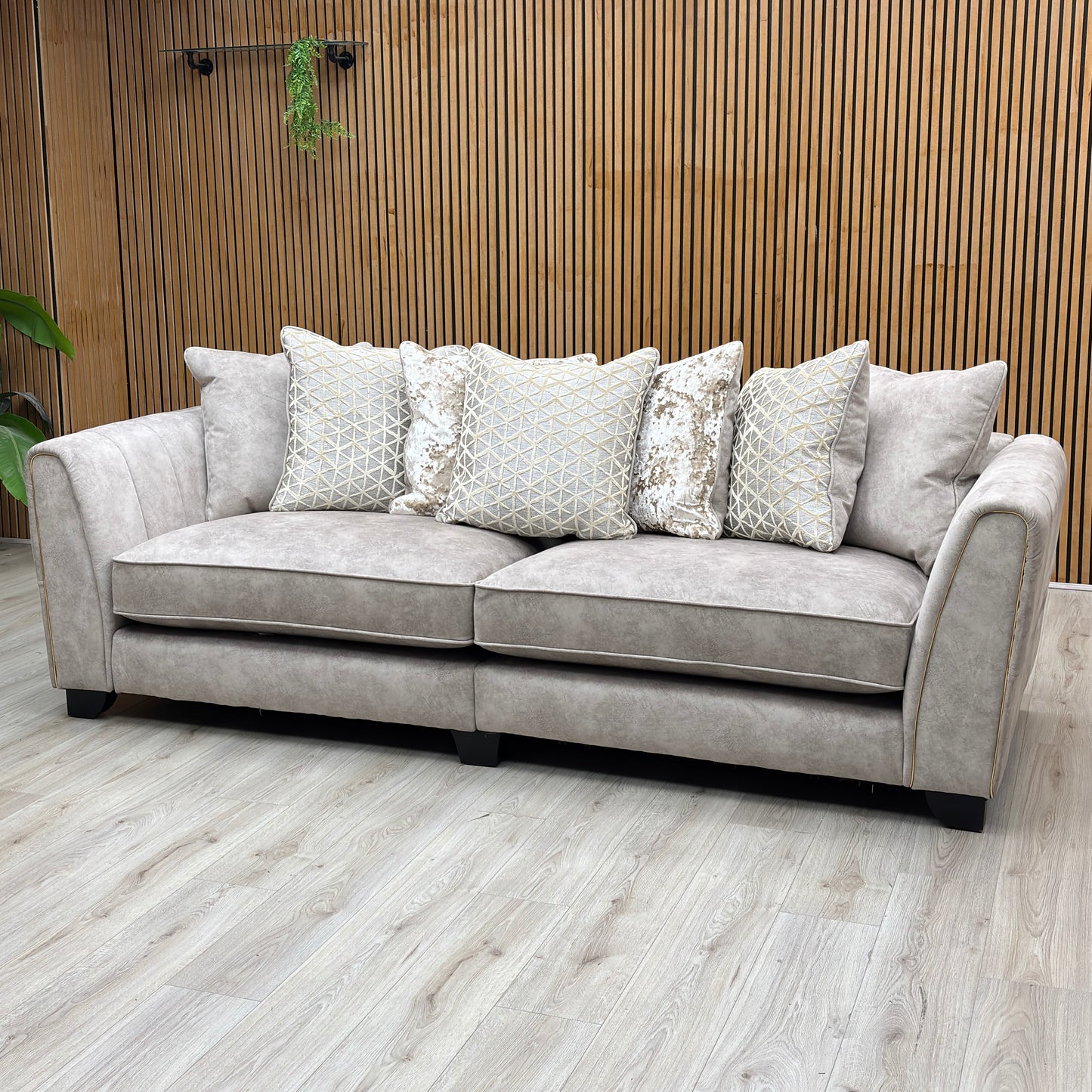 ‘Mariah' Dapple Cream-Tri Brass Insert Fabric 4 Seater Classic Back Split Frame Sofa