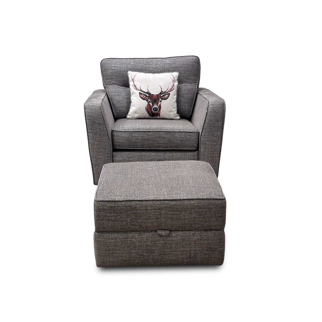 'Tenby' Light Grey Tight Weave Fabric Armchair with Storage Footstool