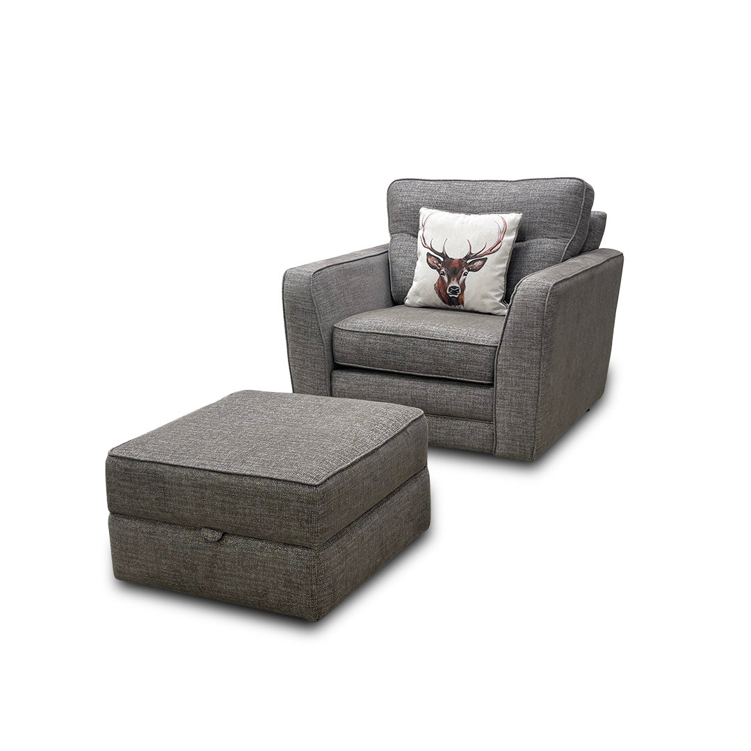 'Tenby' Light Grey Tight Weave Fabric Armchair with Storage Footstool