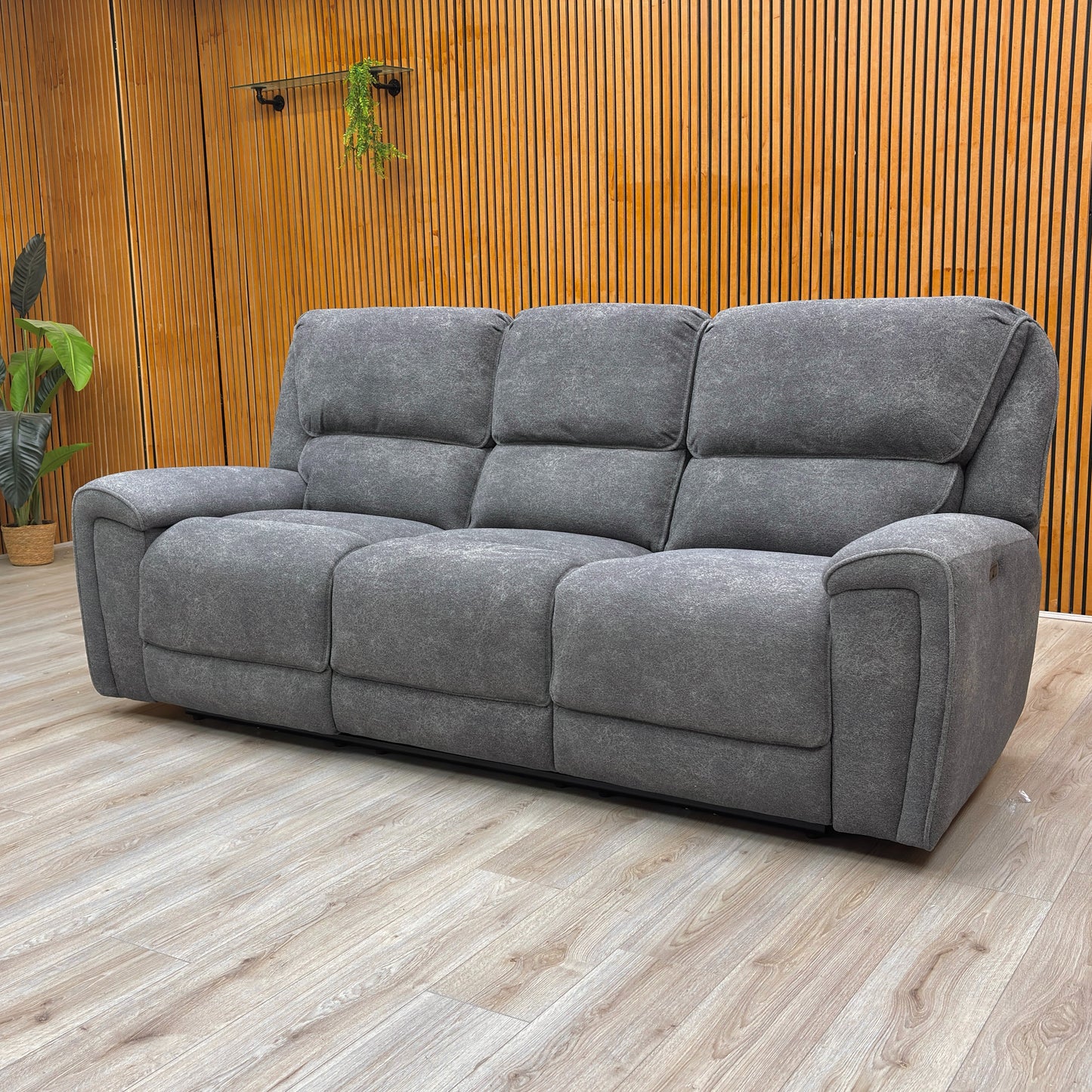 ‘Ricky’ Charcoal Grey Teddy Velvet 3 Seater Power Recliner Sofa with Drop Down Cup Holders