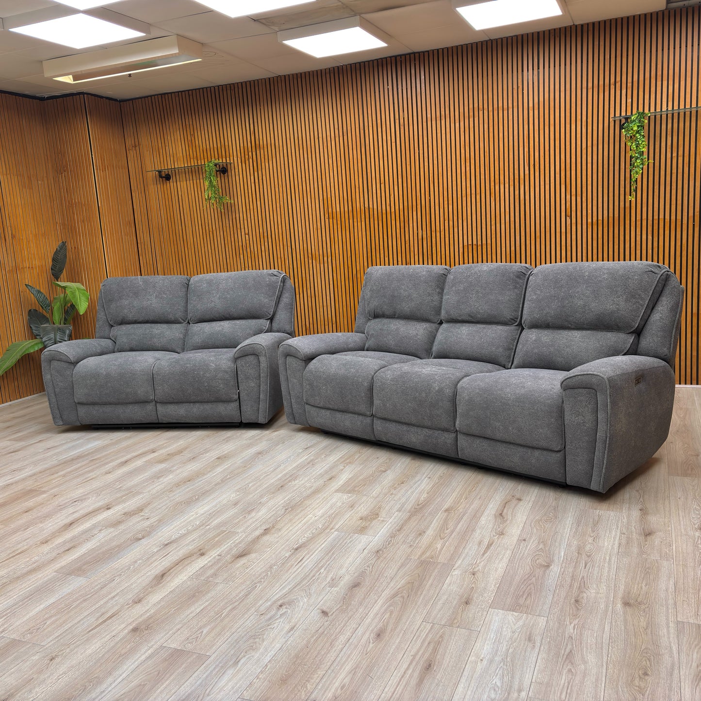 ‘Ricky’ Charcoal Grey Teddy Velvet 3 Seater Power Recliner Sofa with Drop Down Cup Holders + 2 Seater Power Recliner Sofa