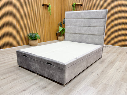 Image of the double end-lift ottoman base in the open position, demonstrating the vast hidden storage space for bedroom essentials.