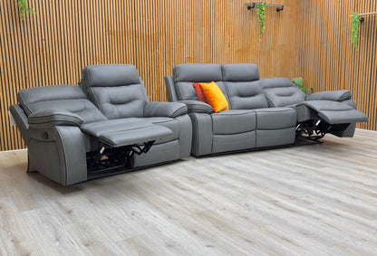 Lifestyle view of the Dante 3-seater and 2-seater set, showcasing the coordinated contemporary design and the deep-filled cushions in neutral grey.