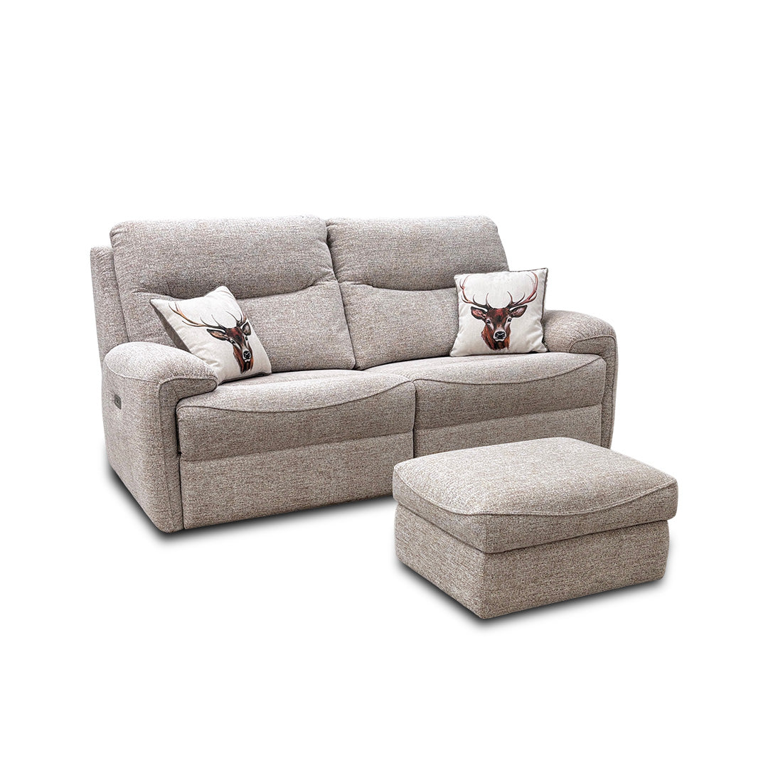 G Plan 'Amesbury' C030 Kampala Beige Tight Weave Fabric 3 Seater Power Recliner Sofa + Storage Footstool