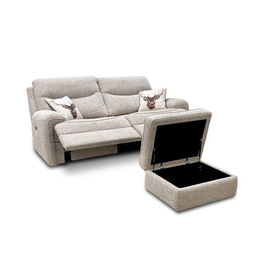 G Plan 'Amesbury' C030 Kampala Beige Tight Weave Fabric 3 Seater Power Recliner Sofa + Storage Footstool
