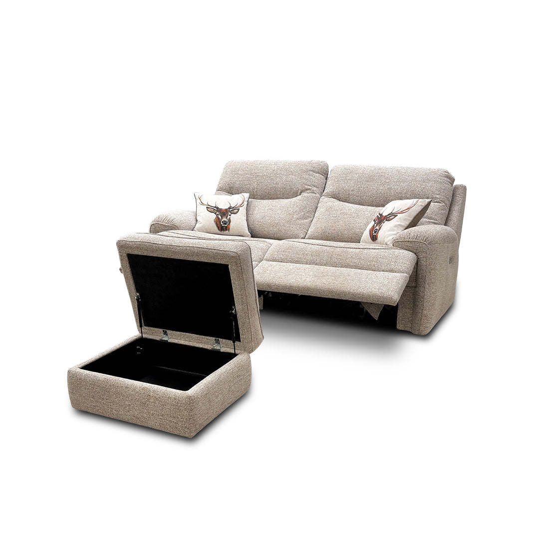 G Plan 'Amesbury' C030 Kampala Beige Tight Weave Fabric 3 Seater Power Recliner Sofa + Storage Footstool