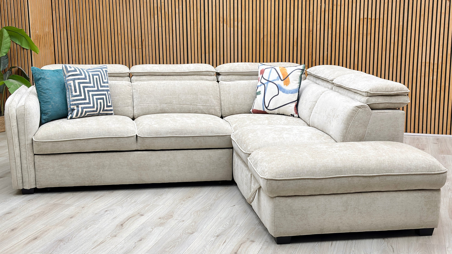 ‘Rodney’ Oatmeal Fabric Right Hand Facing Corner Sofa Bed with Storage