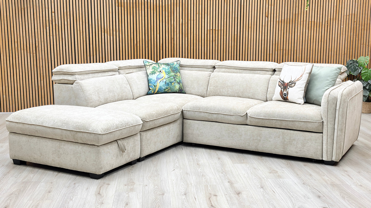 ‘Rodney’ Oatmeal Fabric Left Hand Facing Corner Sofa Bed with Storage