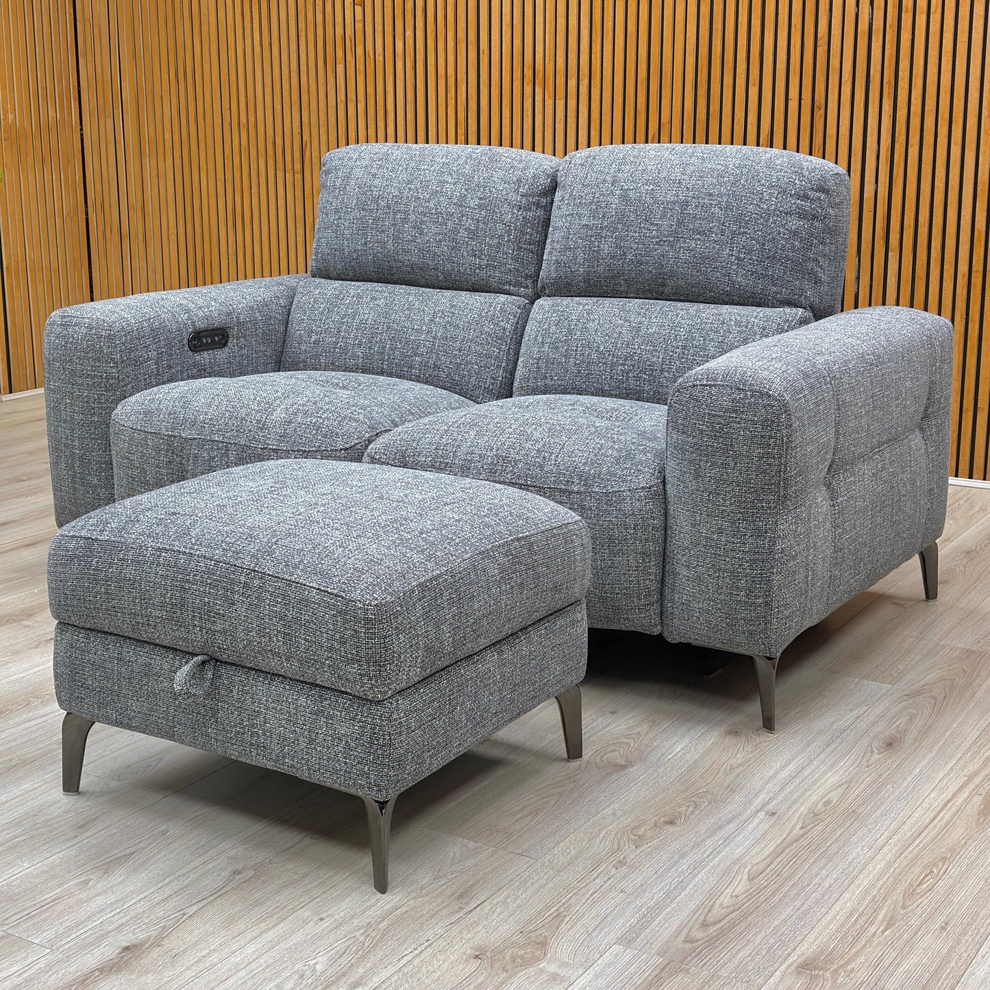 ‘New York’ Fab-Cac-R450 Gun Metal Woven Fabric 2 Seater Power Recliner Sofa with Power Headrests + Storage Footstool