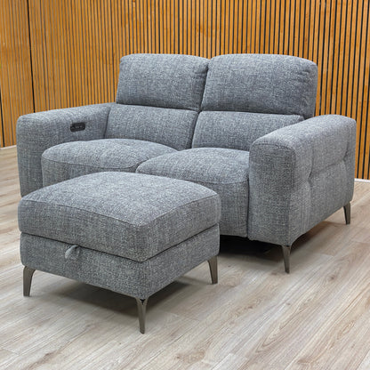 ‘New York’ Fab-Cac-R450 Gun Metal Woven Fabric 2 Seater Power Recliner Sofa with Power Headrests + Storage Footstool