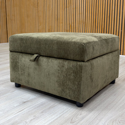 Lifestyle shot of the Harvey storage footstool, highlighting its rich olive green tone and soft weave texture.