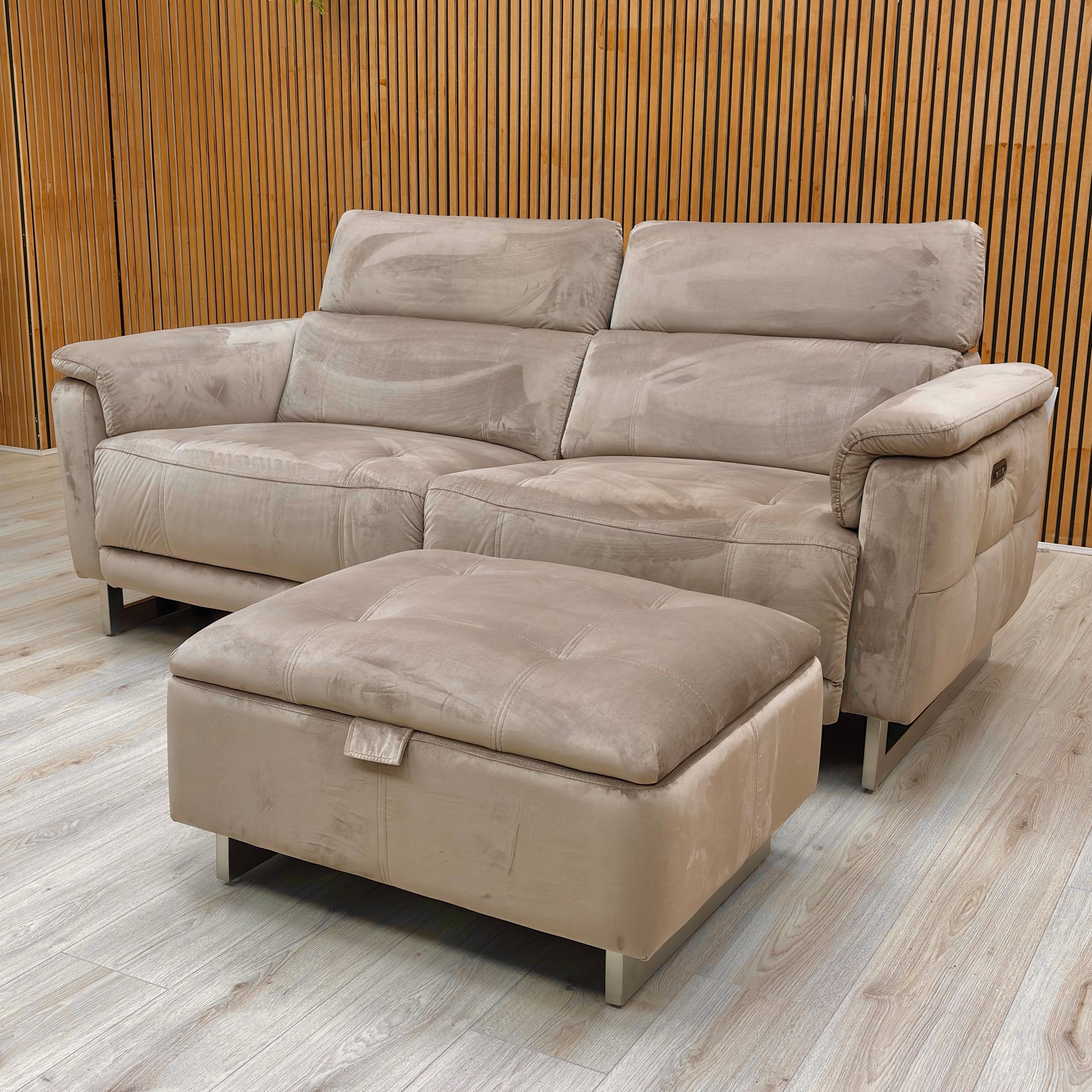 Front view of the 'Moet' 3 Seater Power Recliner Sofa, with telescopic headrests in their resting position.