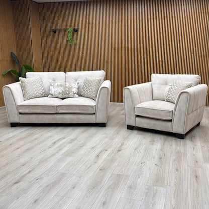 ‘Mariah' Dapple Ivory-Tri Brass Insert Fabric Classic Back 2 Seater Sofa + Chair