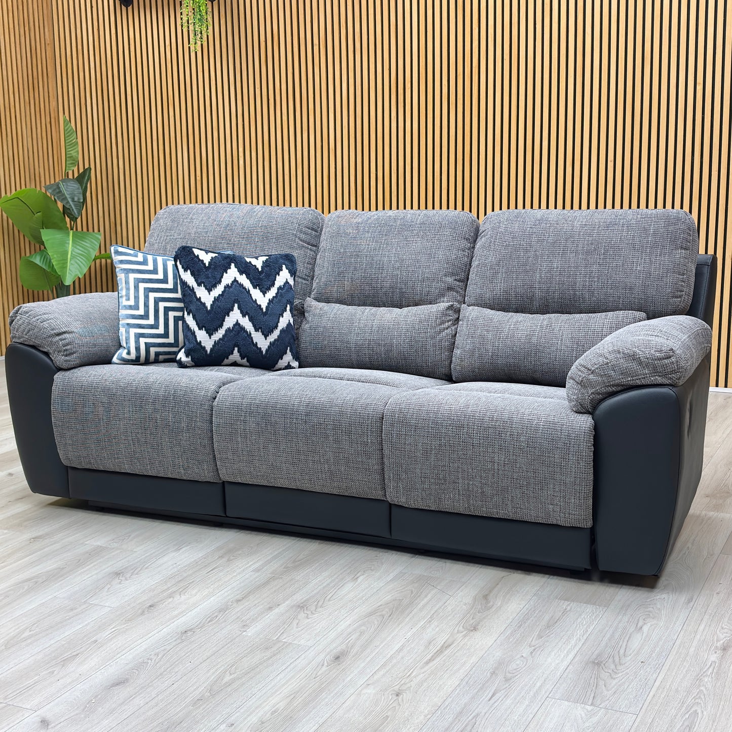 ‘Santori’ Black Charcoal Fabric Faux Leather 3 Seater High Back Recliner Sofa