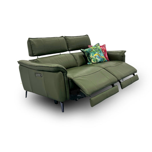 Full view of the ‘Jude’ 3-seater power recliner sofa in Oslo Pine Green premium leather, featuring a modern low-profile design and sleek dark metal legs.