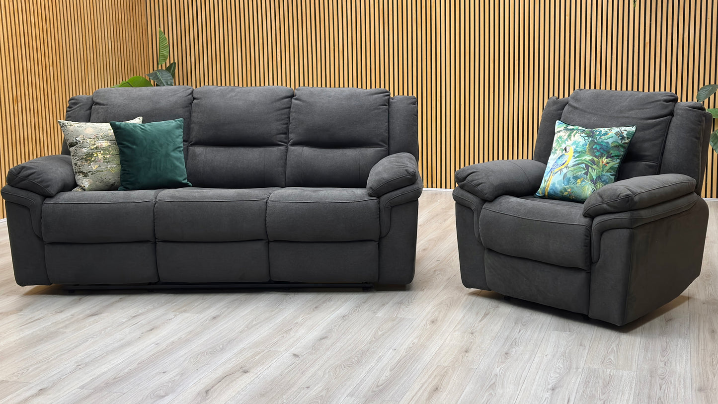 ‘Albion’ Charcoal Grey Fabric 3 Seater Manual Recliner Sofa + Chair
