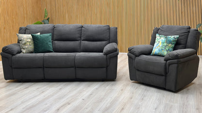 ‘Albion’ Charcoal Grey Fabric 3 Seater Manual Recliner Sofa + Chair