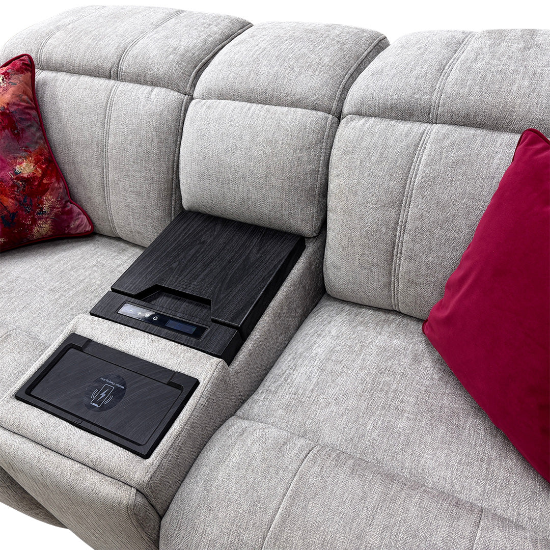 'Inca' Manhattan Stone 58004 Fabric 2 Seater Power Recliner Sofa with Power Headrests and Fridge Console